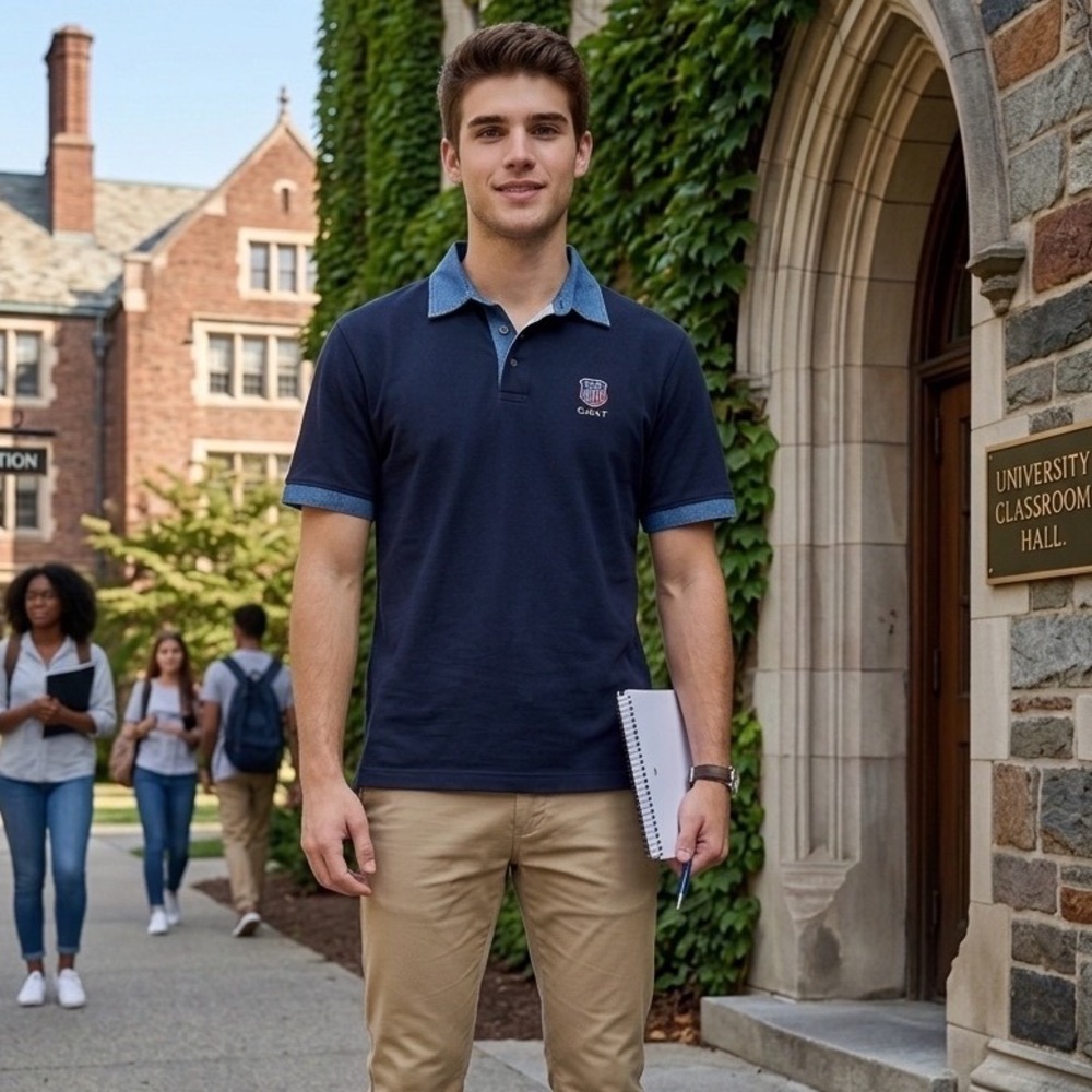 VTG Gant USA Mens Navy Blue Polo Shirt Denim Collar Crest Logo L Short Sleeve